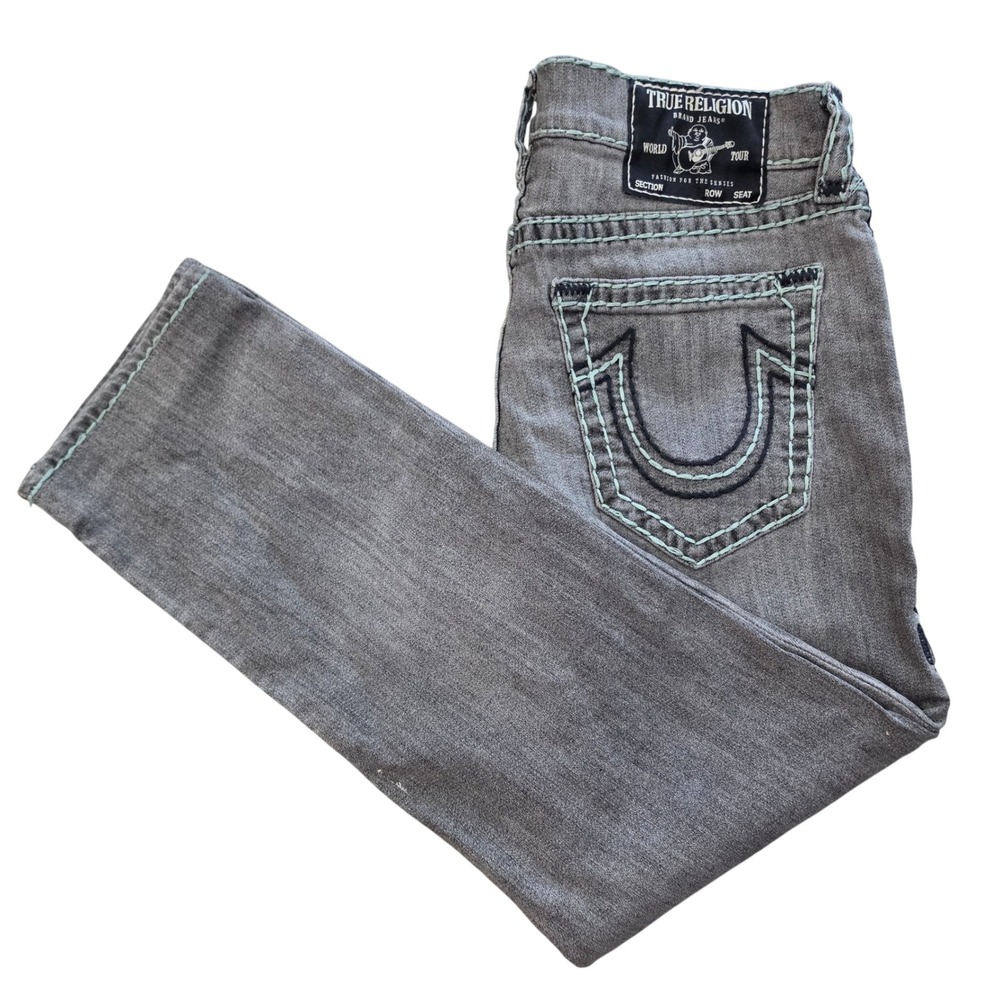 True Religion Geno Relaxed Slim Gray Jeans Teal Super T Stitching Mens 32x30